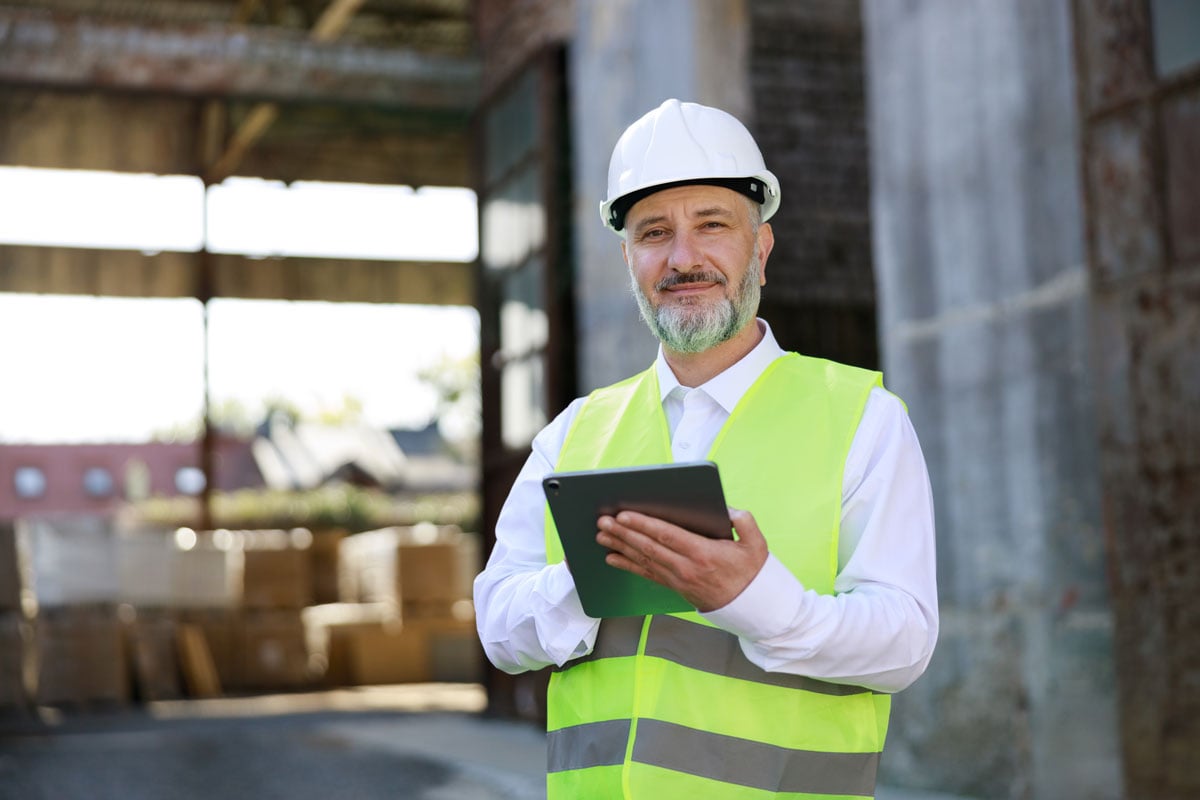 man wearing a hard hat holding a tablet
