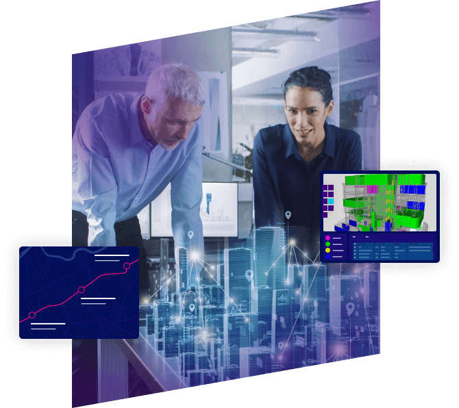 architect and engineer viewing 3D model of buildings